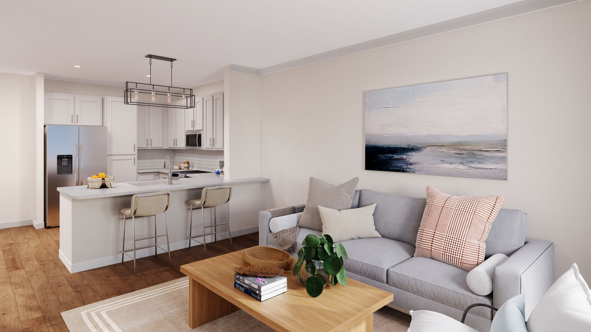 kitchen and living room at The Isaac Apartments